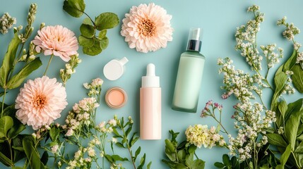 Aufkleber - Cosmetic products are artfully arranged with pastel flowers against a soothing backdrop, embodying natural beauty and purity. Generative AI
