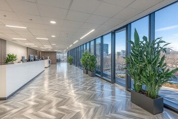 Poster - Modern Office Hallway with White Counter, Plants, and Windows