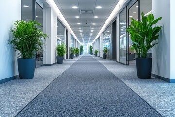 Poster - Modern Office Hallway with Glass Doors and Plants