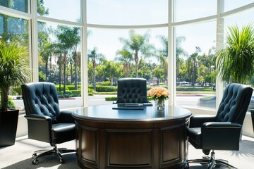 Poster - Modern Office Interior with Large Windows and a Wooden Desk