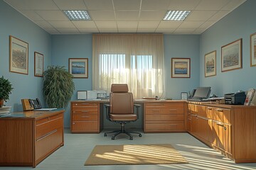 Poster - Modern Office Interior with Wooden Desk and Brown Leather Chair