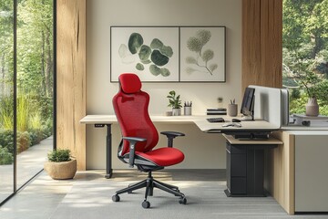 Poster - Modern Office Interior with Red Mesh Ergonomic Chair and Desk