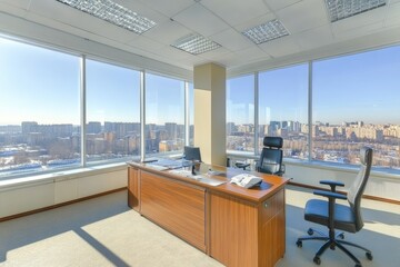 Poster - Modern Office with City Skyline View Through Large Windows