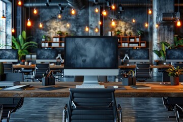 Poster - Modern Office Workspace with Computer and Plants