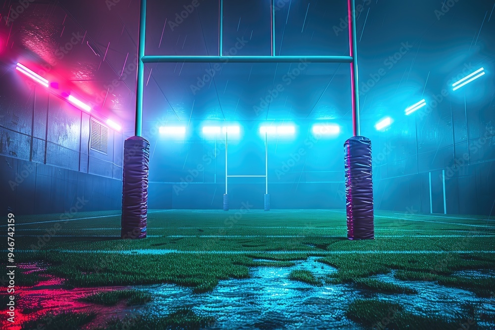 Neon-lit Rugby Goalposts on a Wet Field Stock Photo | Adobe Stock