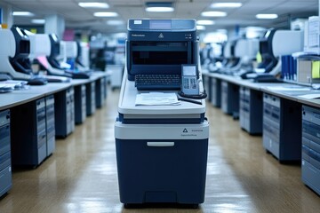 Poster - office copier with telephone and paper on top in a row of similar machines
