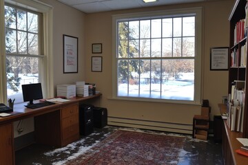 Poster - Office with a View of Snow-Covered Yard Through Window