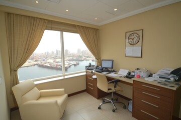 Poster - Office with City View and Wooden Desk with Drawers