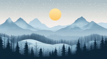Wall Mural - a serene sunrise illuminates the snowy mountains and evergreen forest in a tranquil winter landscape