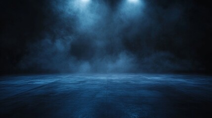 In a blue neon light, smoke is rising from an old asphalt street. In a night scene with fog, there are no people. On the road, it appears to be filled with smog.