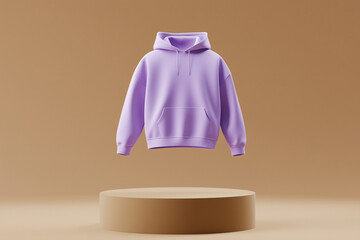 Wall Mural - Blank Purple Mockup Hoodie design floating above a podium with an isolated neutral brown color background