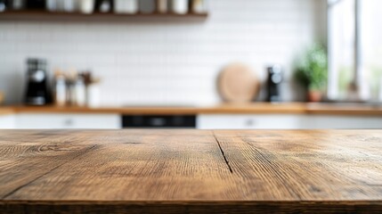 Poster - Blank wooden table with blurred kitchen bench background. Empty wooden table and blurry kitchen bench