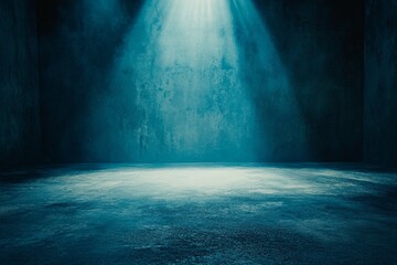 Poster - Stock image of an empty blue background and spotlight with a studio for showing or design. Blank backdrop made of cement material. A realistic rendering of the material.