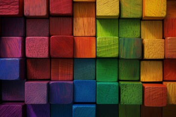 Poster - An artistic background of wooden blocks with a spectrum of hues, ideal for art covers or creative projects.