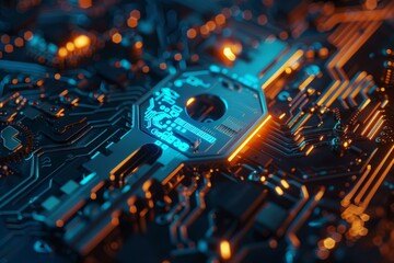 Poster - futuristic circuit board illuminated with blue and orange lights, showcasing data flowing through it