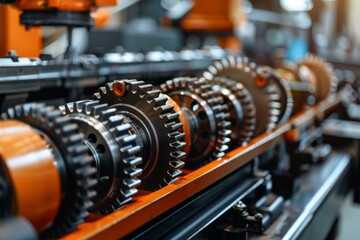 Poster - Close up view of gears working together in perfect harmony inside a modern factory