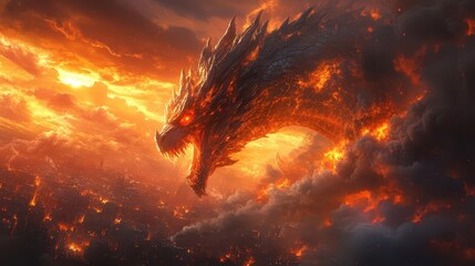 terrifying dragon wreaking havoc on a cityscape breathing fire and destruction intricate scales glowing eyes and smokefilled skies create an apocalyptic scene of chaos and devastation