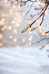 A blurred photo of bokeh lights and snowflakes on a white christmas background