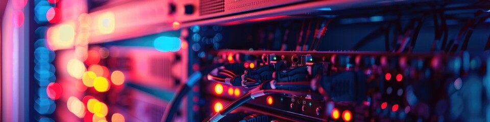 Poster - Network devices and communication technology in a server room with a modem, fiber optic cables, router, hosting equipment, and internet infrastructure.