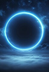 Wall Mural - blue neon, smoke, smog against a dark street background with neon circles. night view of a street wi