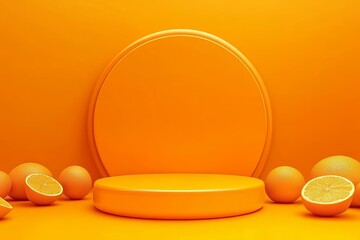 Poster - 3D rendering of an orange product background stand on an empty podium pedestal with glowing backdrops.