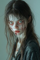 Wall Mural - A woman with red eyes and a bloody face. The woman is wearing a white shirt and has a mouth full of teeth. The image has a creepy and scary mood