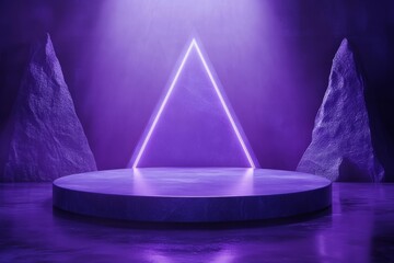 Poster - 3D rendering, stone podium, pedestal, or platform, neon LED background, blank product stand.