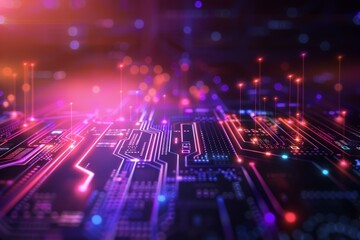 Poster - Futuristic circuit board with data transferring through, creating a technological background