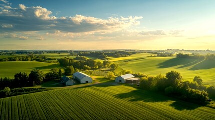 Poster - A beautiful aerial view of lush green farmland under a vast sky. The scene captures the essence of rural life. Perfect for nature lovers and agricultural projects. AI