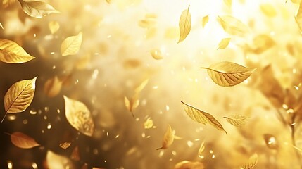 Golden autumn leaves are swirling in the air, illuminated by warm sunlight, creating a magical and enchanting atmosphere