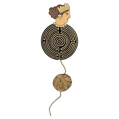 Wall Mural - Ariadne's thread. Ariadne or Pasiphae. Head of a beautiful Ancient Greek woman or goddess on a round spiral maze or labyrinth symbol and a yarn ball. Creative mythological concept.