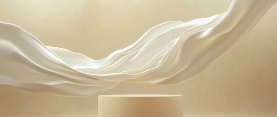 Poster - Background with abstract beige background. Round pedestal to present natural cosmetics. 3d rendering.