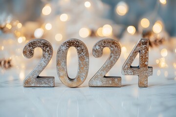 Wall Mural - Happy new year 2024 background new year holidays card with sparkling lights, gifts, and champagne bottle