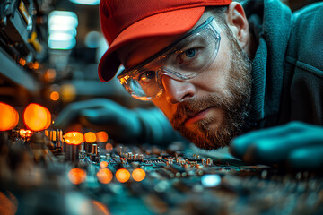 Poster - an engineer inspecting a complex circuit board in a high-tech laboratory, demonstrating precision an