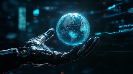 Aufkleber - A futuristic robot hand gently holds a glowing earth in a digital world. This image represents technology and innovation. Ideal for tech projects and digital art. AI