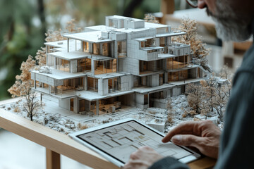 Poster - An architect using 3D modeling software on a tablet to design a new building, showcasing digital design tools in architecture. Concept of digital architecture and design software.
