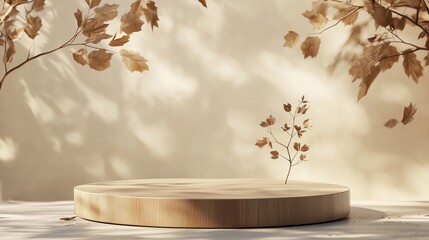 Poster - a minimalistic display featuring autumn leaves on a wooden pedestal against a soft, neutral backdrop