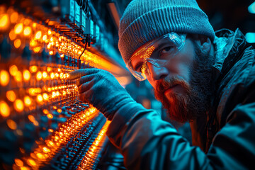 Poster - a technician installing a high-speed fiber optic network, illustrating advancements in telecommunica
