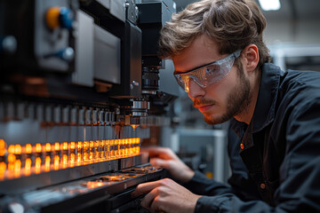 Poster - A technician calibrating a high-precision laser cutting machine in a workshop, demonstrating the use of lasers in manufacturing and fabrication.