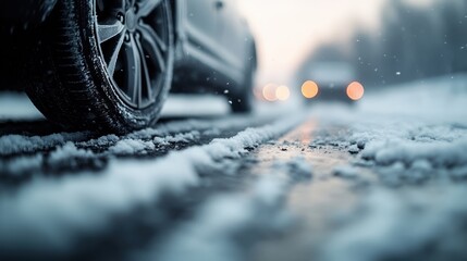 Car tire runs along an icy snow-covered road with blurred headlights of other vehicles in the background. The scene captures winter driving challenges and road safety concerns.