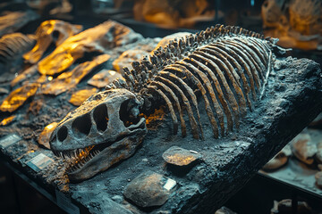 Poster - A series of ancient fossils displayed in a museum exhibit, showcasing the fascinating history of prehistoric life. Concept of paleontology and natural history.