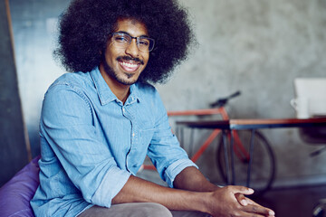 Poster - Happy, professional and portrait of business man with company pride, confidence and afro. Creative office, startup agency and worker smile for career, job ambition and work for entrepreneurship