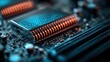 ©  Shomixer - Detailed shot of a microchip situated on a circuit board, illuminated by subtle orange lighting, representing high-tech electronic components and sophisticated technology.