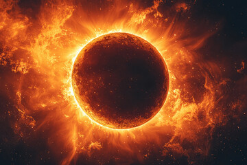 Poster - A panoramic view of a solar eclipse with the moon partially obscuring the sun, showcasing the dramatic and rare astronomical event. Concept of solar eclipses and celestial events.