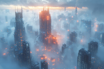 Poster - a futuristic cityscape with towering skyscrapers and advanced technology, illustrating the imaginati