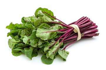 Wall Mural - A bunch of fresh leafy greens with purple stems, commonly used in salads and cooking.