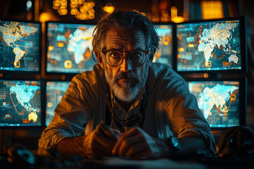 Poster - A cybersecurity expert analyzing network security data on multiple screens, showcasing the importance of technology in protecting digital information.