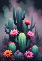 Abstract Cactus Cacti Plant Painting Desert Flower Wild Colorful Background Graphic Design