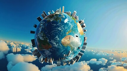 Aufkleber - A globe with a city on it. The globe is surrounded by clouds