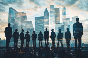 People standing in city skyline double exposure created with Generative AI